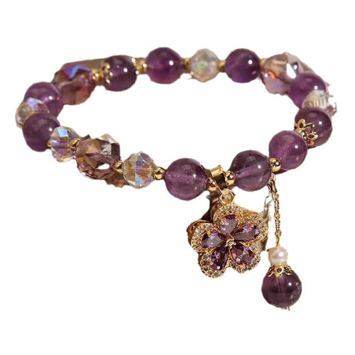 Ancient Style Natural Amethyst Five Leaf Flower Pendant Bracelet